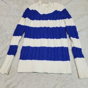 J. Crew White Blue Striped Cable Knit Sweater Small‎ Preppy Chunky Cozy Cotton